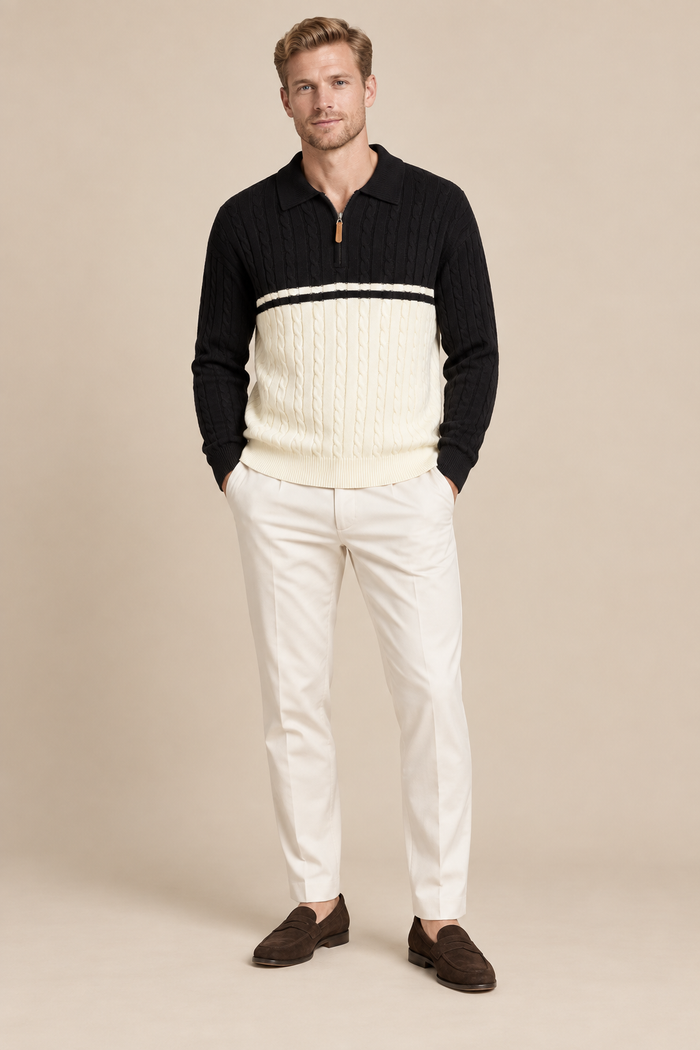 Men’s Cable Knit Quarter-Zip Jumper with Contrast Panel