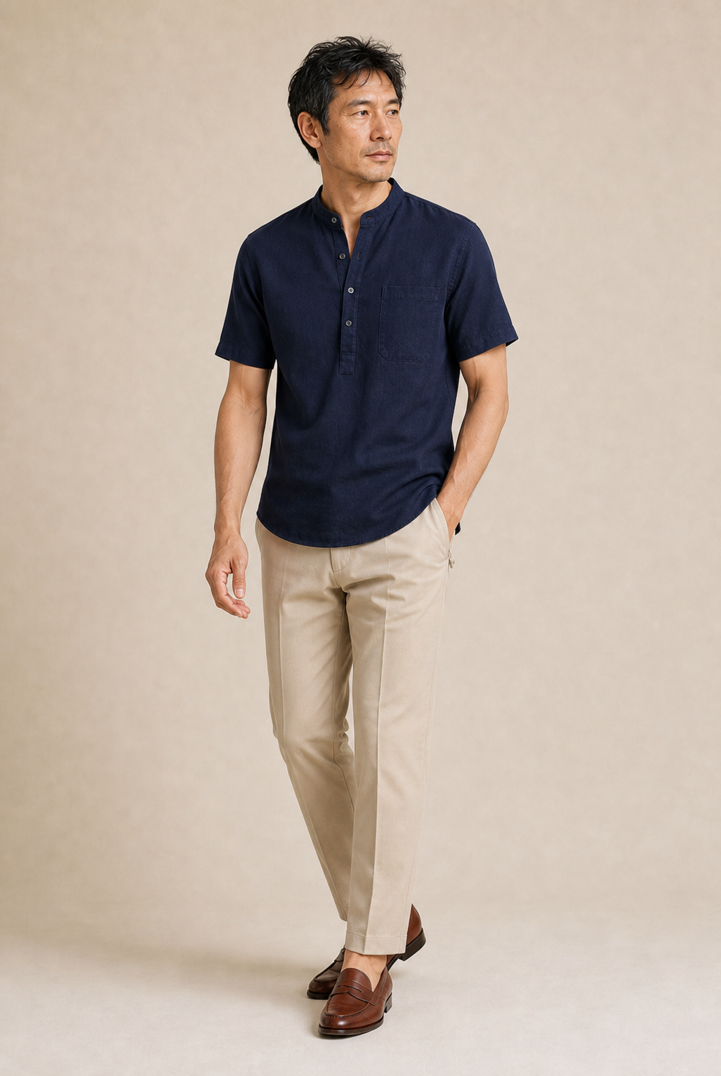 Men's Grandad Collar Shirt with Short Sleeves