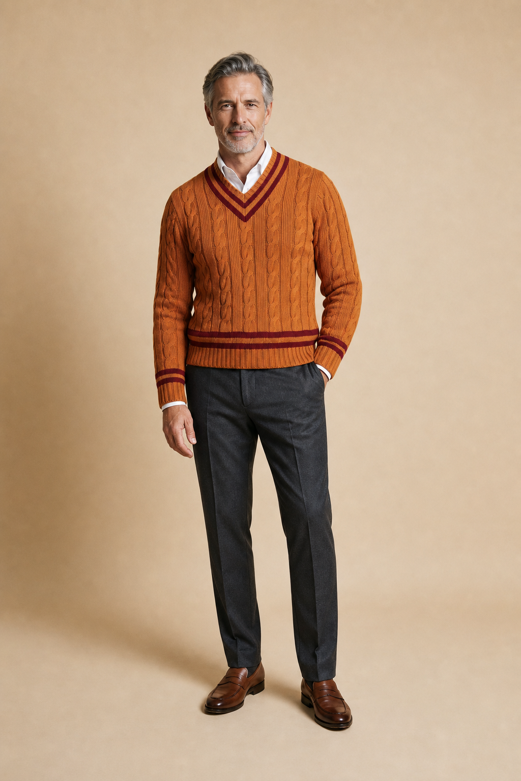 Men's Cable Knit V Neck Jumper with Contrast Trim