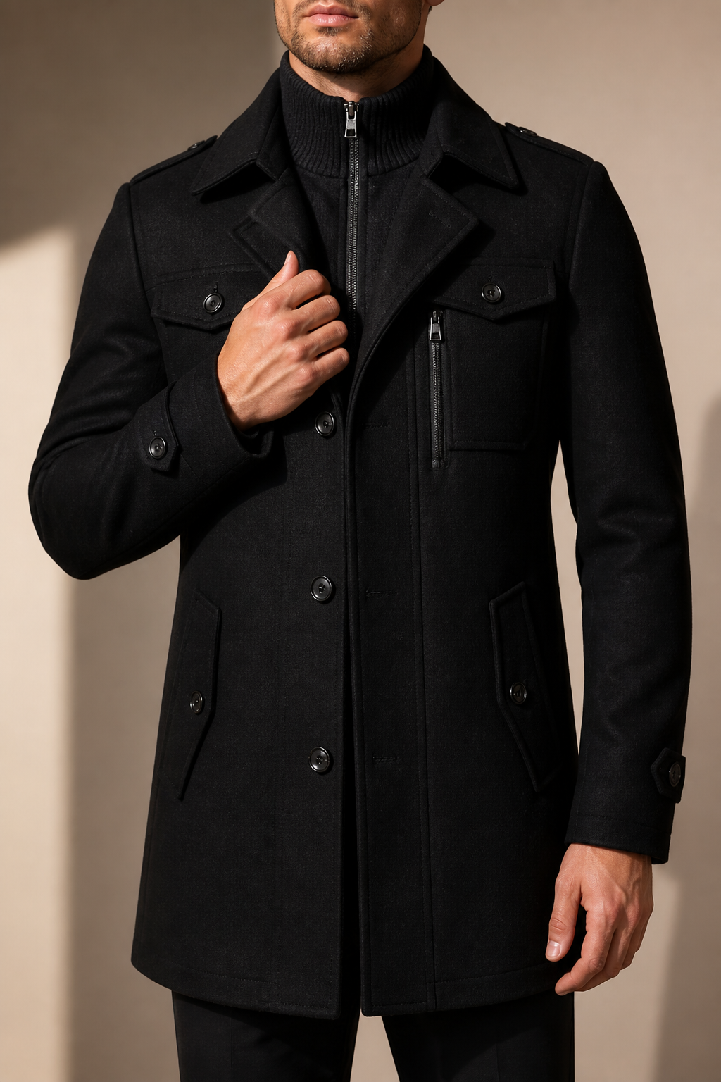 Men's Tailored Coat with Three Buttons and Inner Zip Panel