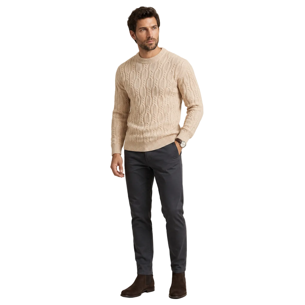 A chunky cable-knit jumper for cold days – Men’s round-neck jumper