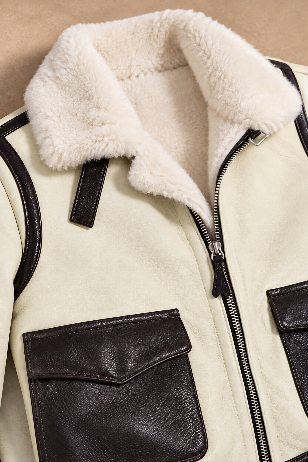 Men’s Sheepskin Shearling Aviator Jacket with Contrast Leather Trim