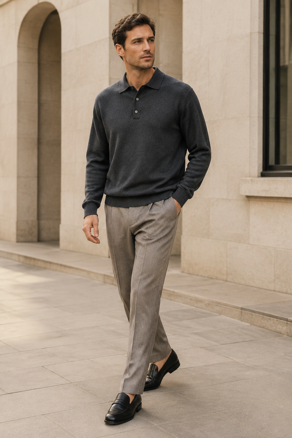 Men's Long Sleeve Knitted Polo Shirt