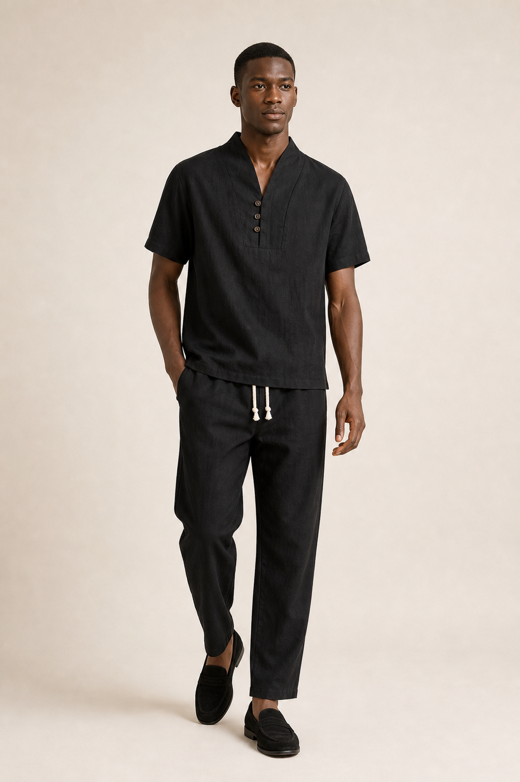 Men's Co-ord Set with Short Sleeve Shirt and Drawstring Trousers