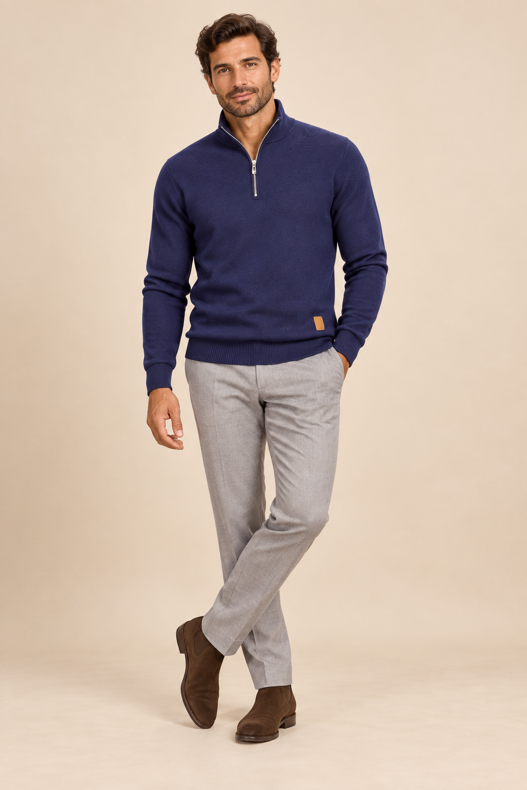 Men’s Fine Knit Half-Zip Jumper with Stand Collar