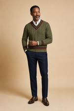 Men's Cable Knit V Neck Jumper with Contrast Trim