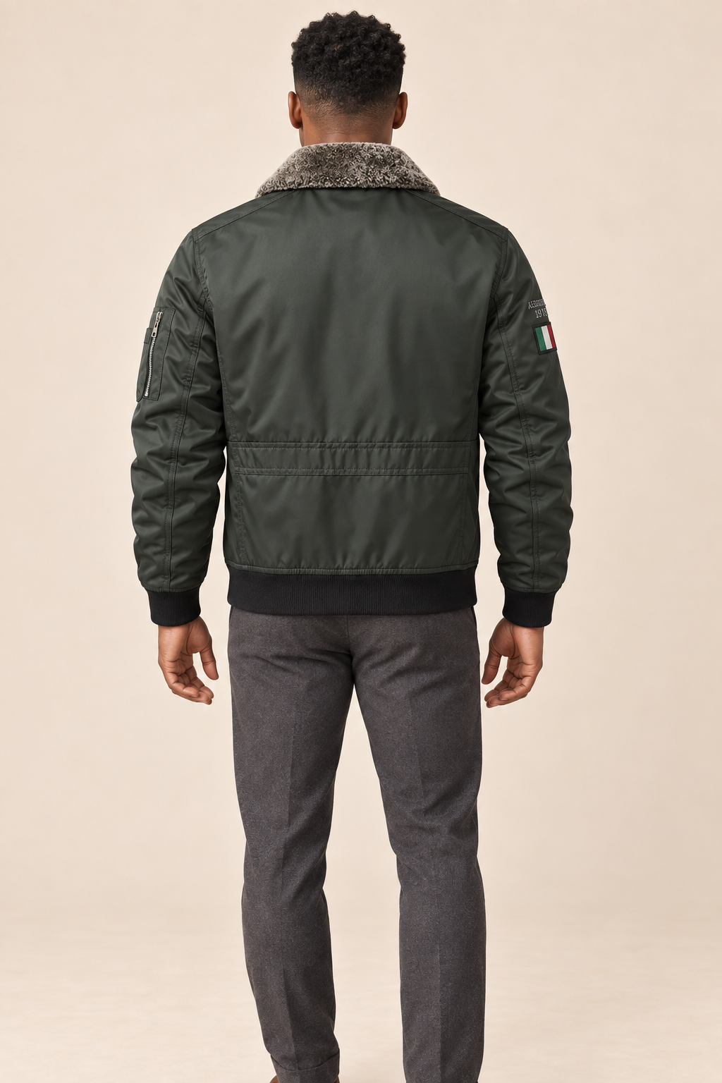 Men’s Padded Aviator Bomber Jacket with Patches and Contrast Collar