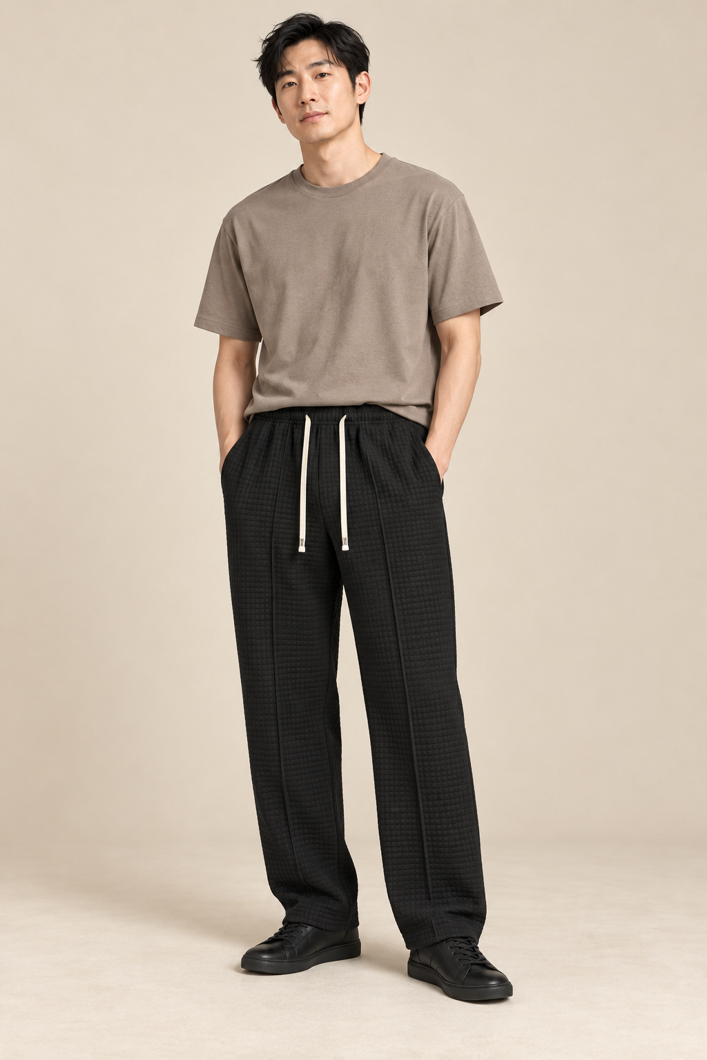 Men’s Waffle-Knit Wide-Leg Trousers with Drawstring Waist