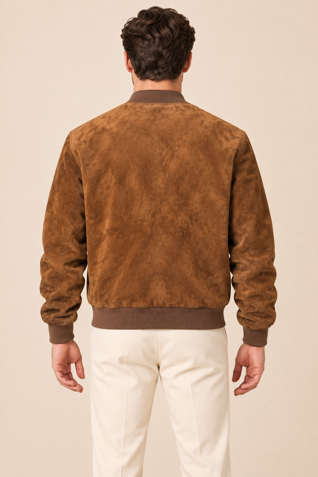 Men’s Suede-Finish Pigskin Leather Bomber Jacket with Ribbed Trims