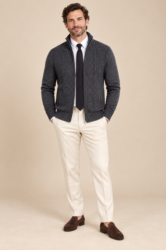 Men’s Cable Knit Zip-Up Cardigan with Stand Collar
