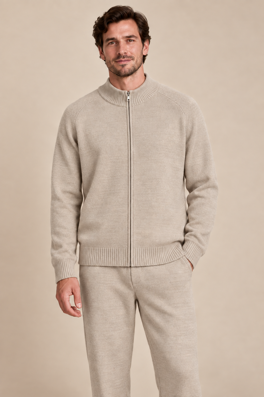Men’s 100% Merino Wool Knitted Zip Cardigan and Trouser Set