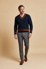 Men's Cable Knit V Neck Jumper with Contrast Trim