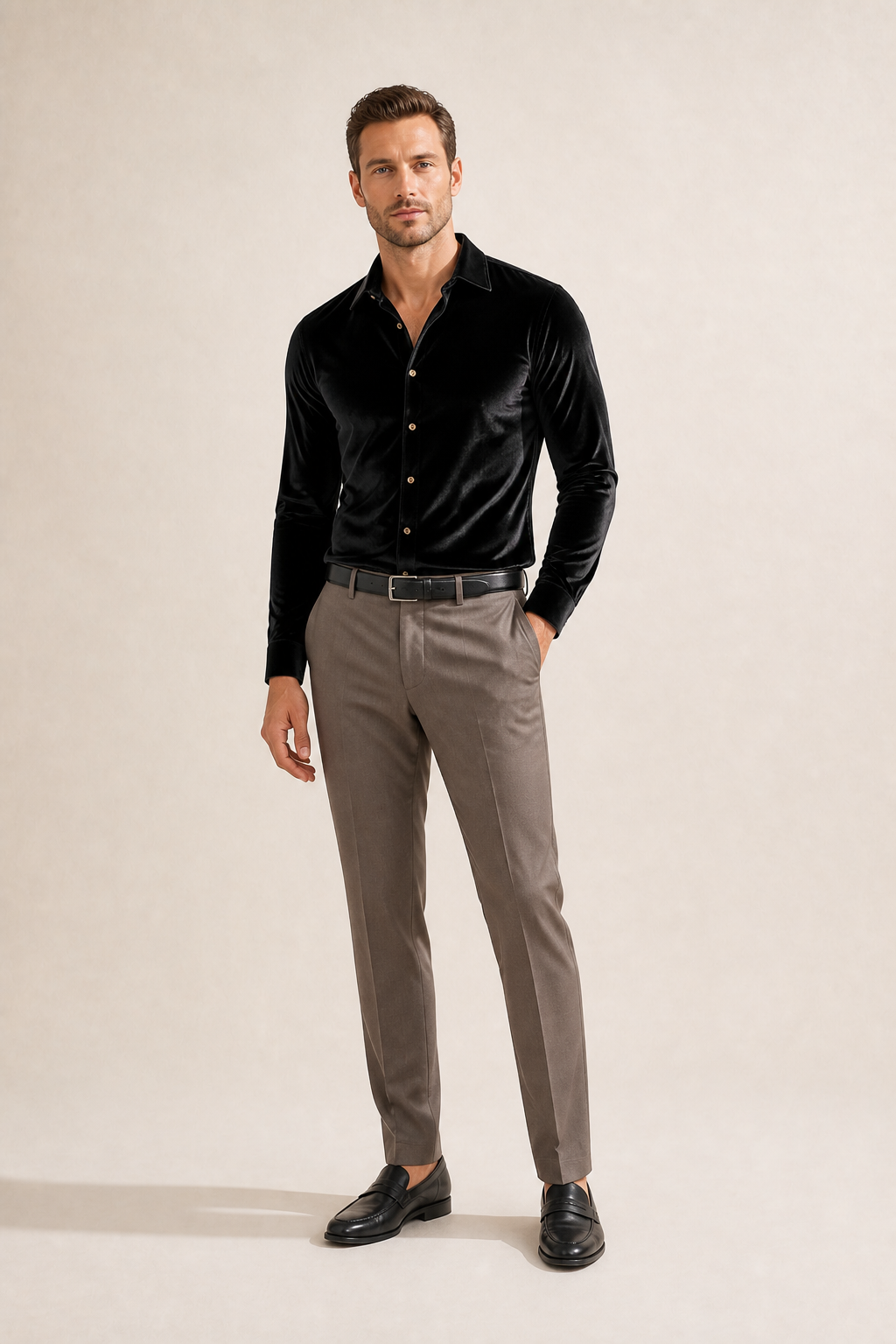 Men's Long Sleeve Button Up Shirt with Velvet Texture