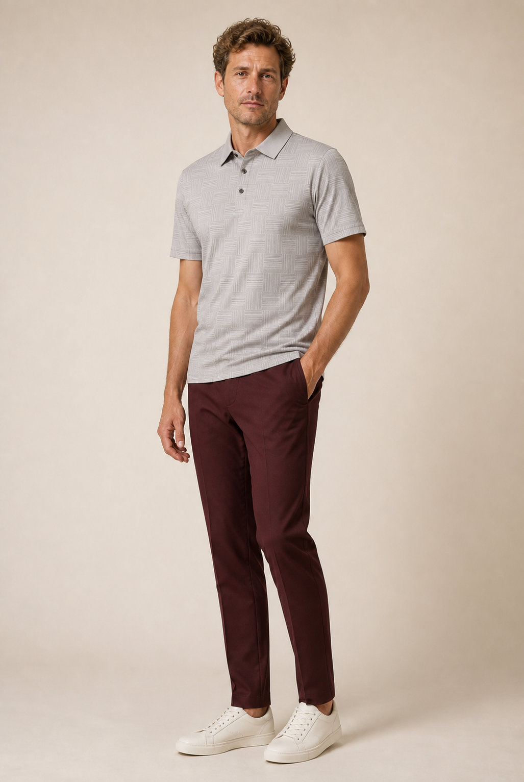 Men's Knitted Polo Shirt with Geometric Pattern and Short Sleeves
