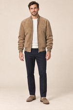 Men’s Suede-Finish Pigskin Leather Bomber Jacket with Ribbed Trims