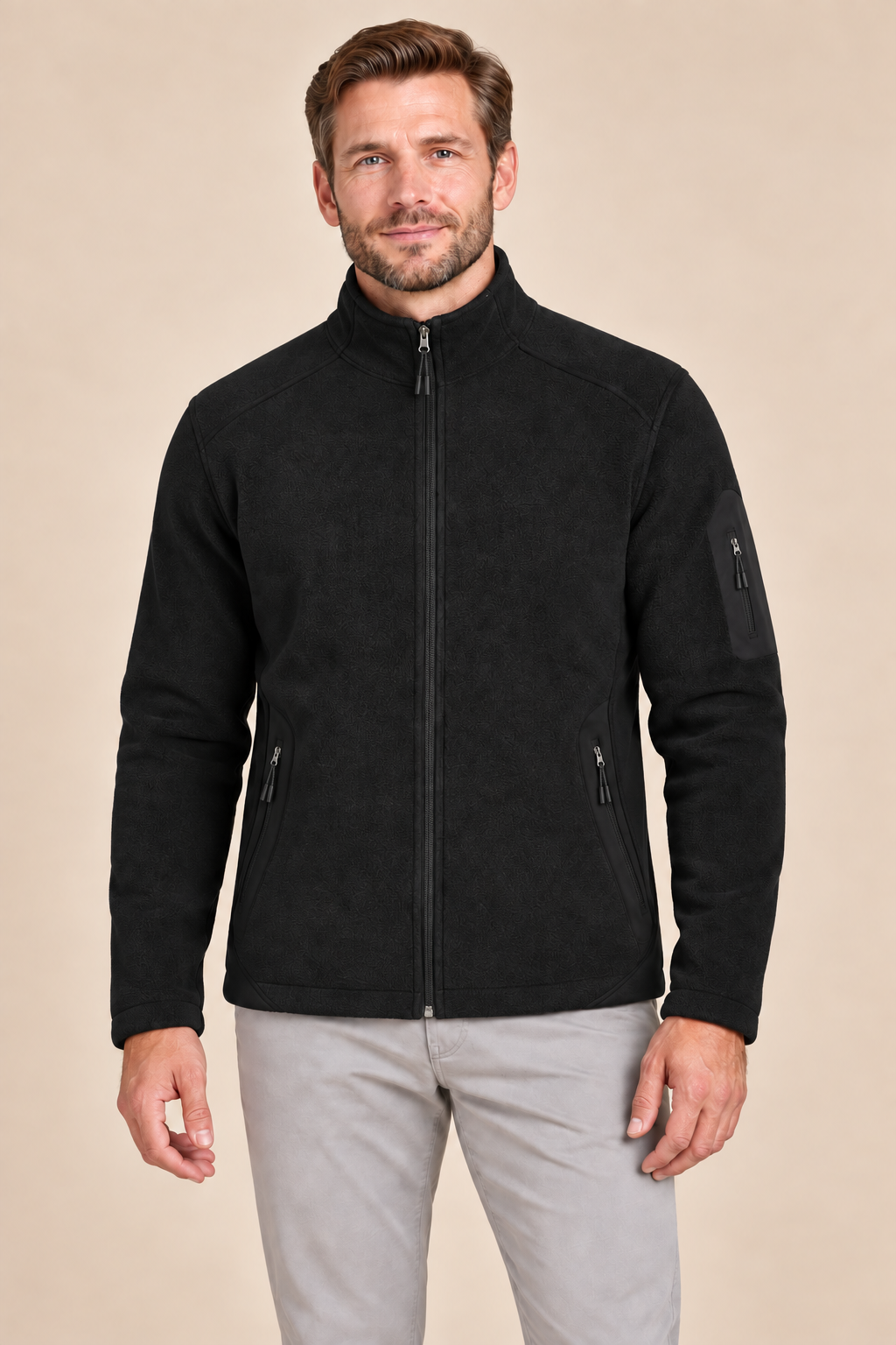 Men’s Full-Zip Fleece Jacket with Stand Collar and Zip Pockets