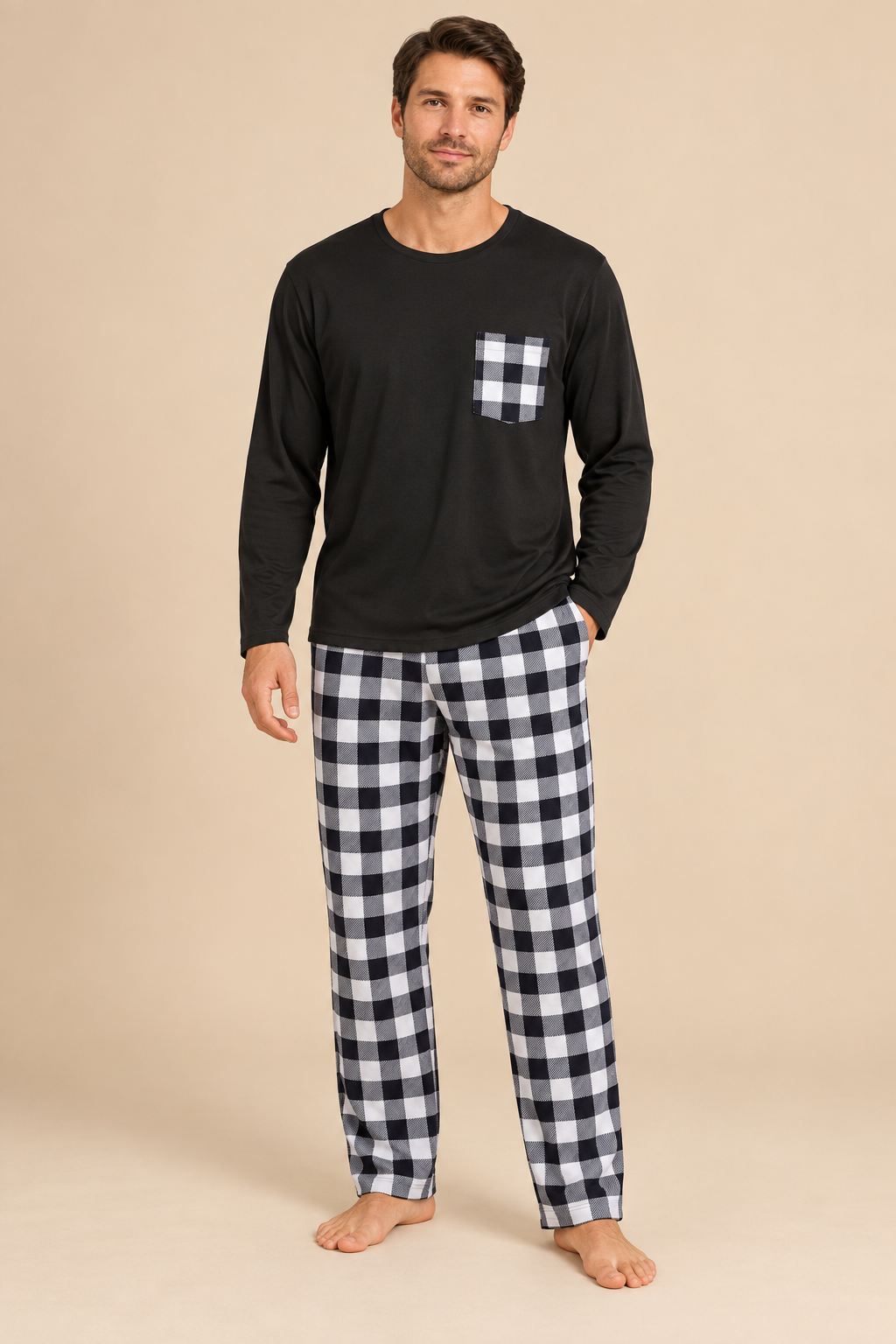 Men’s Checked Winter Pyjama Set with Long-Sleeve Top and Trousers