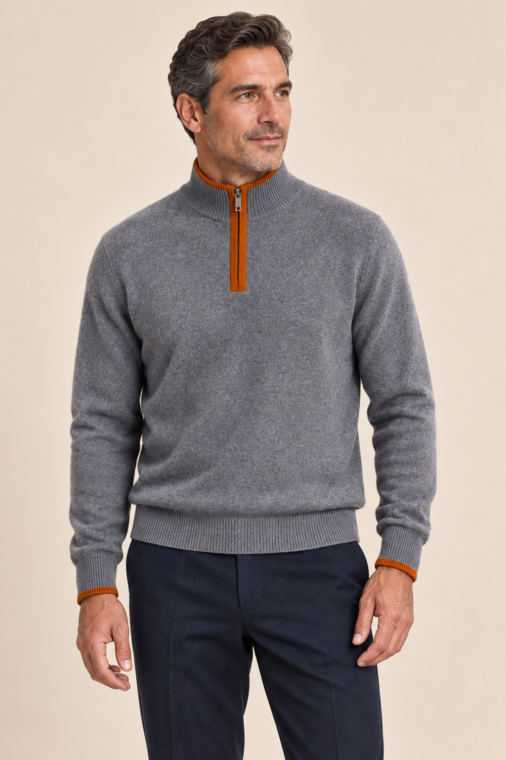 Men’s 100% Cashmere Half-Zip Jumper with Contrast Trim