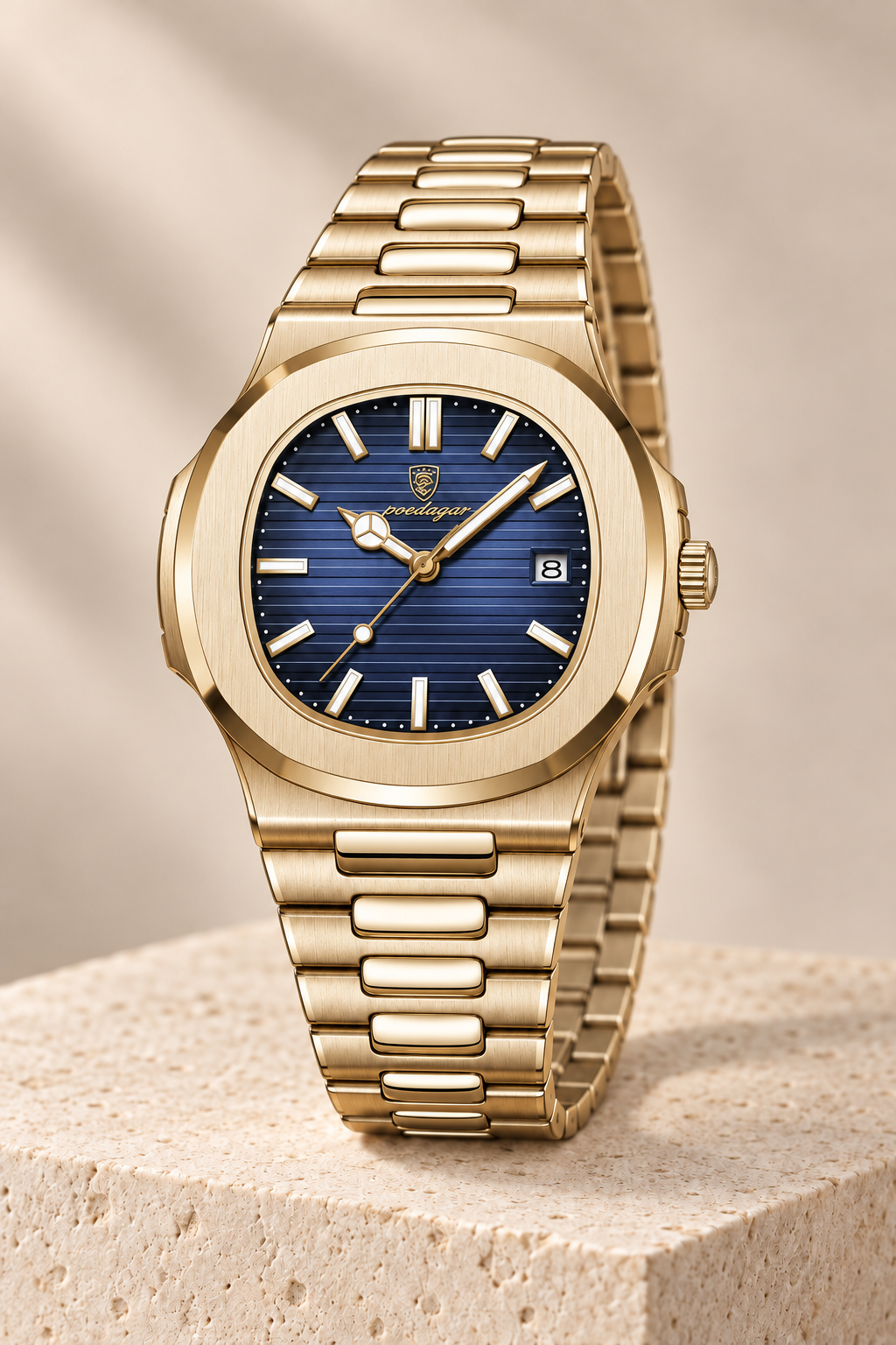 Men’s Gold-Tone Quartz Watch with Textured Dial and Integrated Bracelet