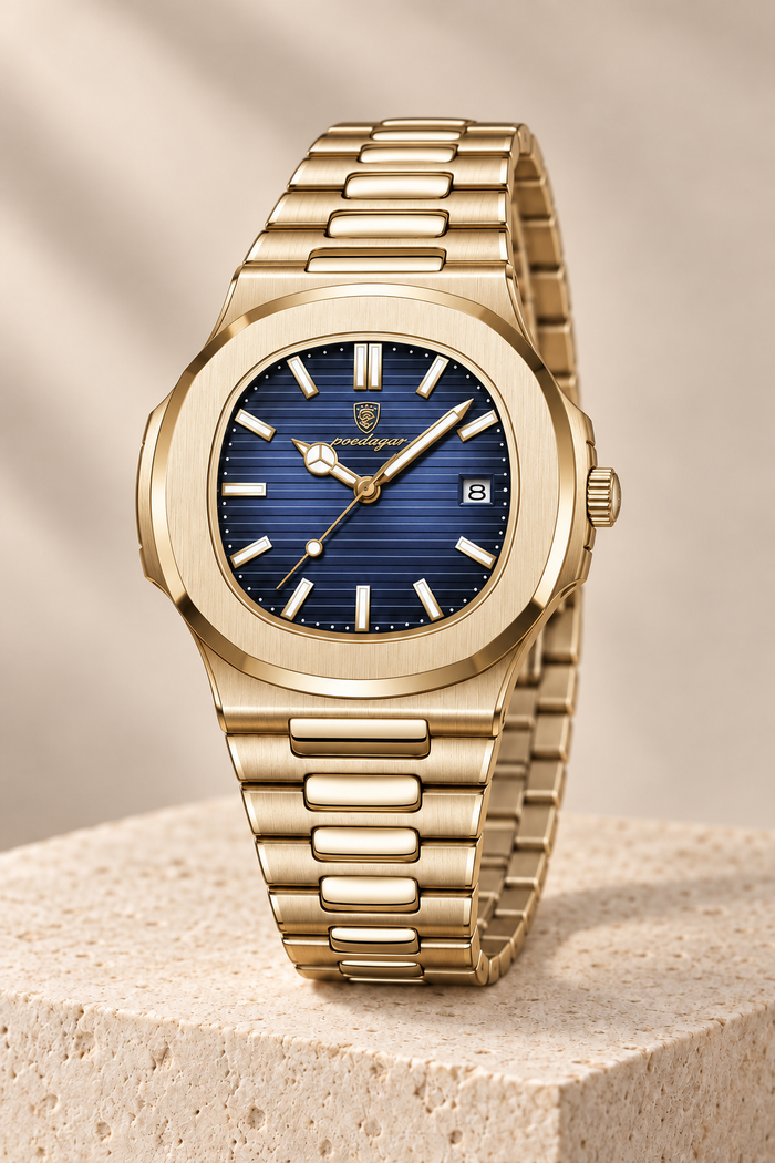 Men’s Gold-Tone Quartz Watch with Textured Dial and Integrated Bracelet