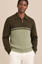 Men’s Cable Knit Quarter-Zip Jumper with Contrast Panel