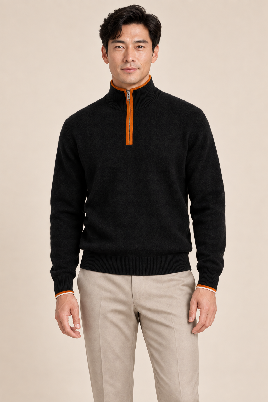 Men’s 100% Cashmere Half-Zip Jumper with Contrast Trim
