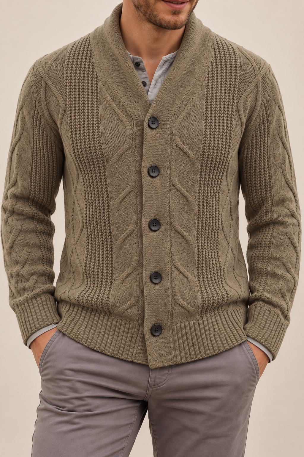 Men's Cable Knit Cardigan with Shawl Collar