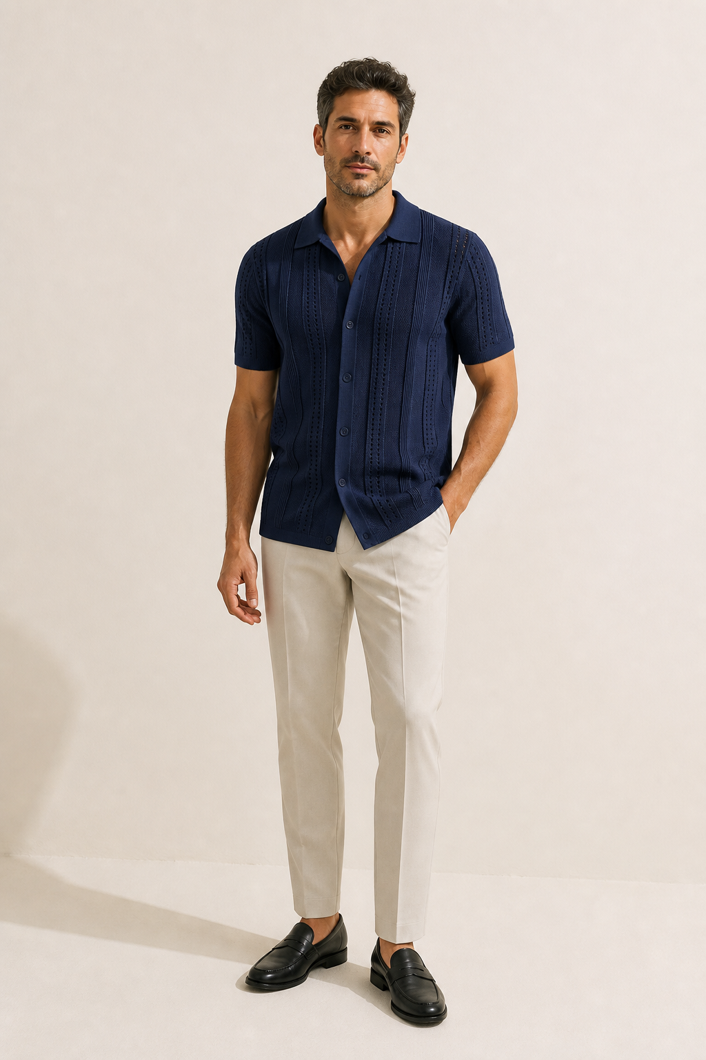 Men's Knitted Polo Shirt with Button-Through Front