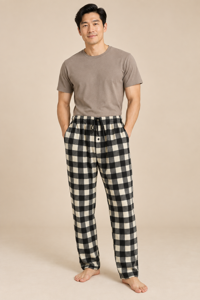 Men’s Plaid Fleece Pyjama Bottoms with Drawstring Waist