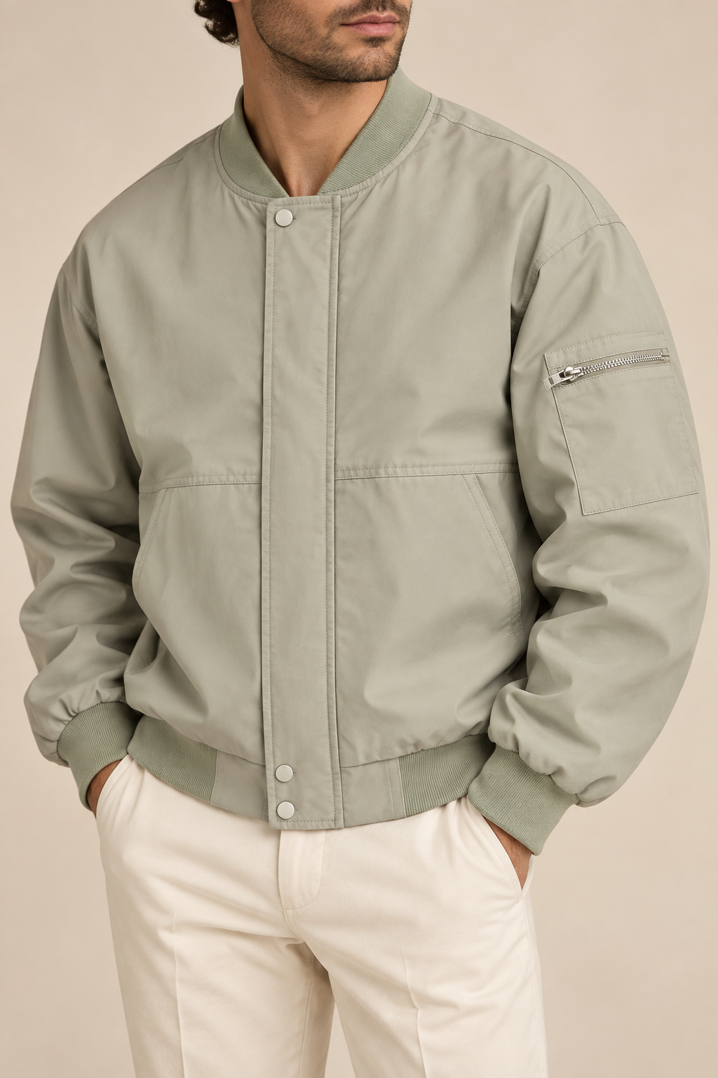 Men’s Zip-Up Bomber Jacket with Zipped Sleeve Pocket