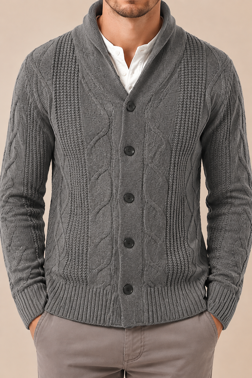 Men's Cable Knit Cardigan with Shawl Collar