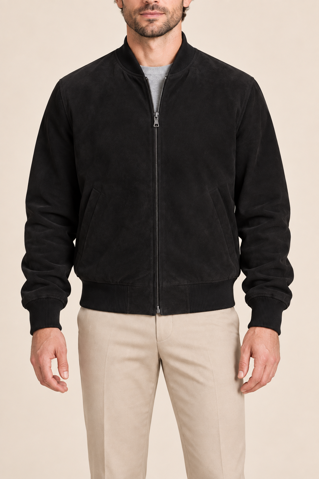 Men’s Suede-Finish Pigskin Leather Bomber Jacket with Ribbed Trims