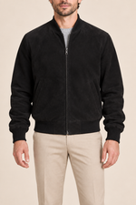Men’s Suede-Finish Pigskin Leather Bomber Jacket with Ribbed Trims