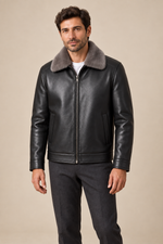Men’s Genuine Sheepskin Leather Down Jacket with Mink Fur Collar