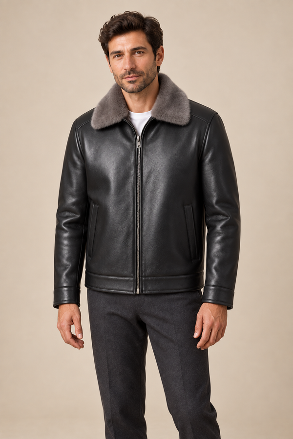 Men’s Genuine Sheepskin Leather Down Jacket with Mink Fur Collar