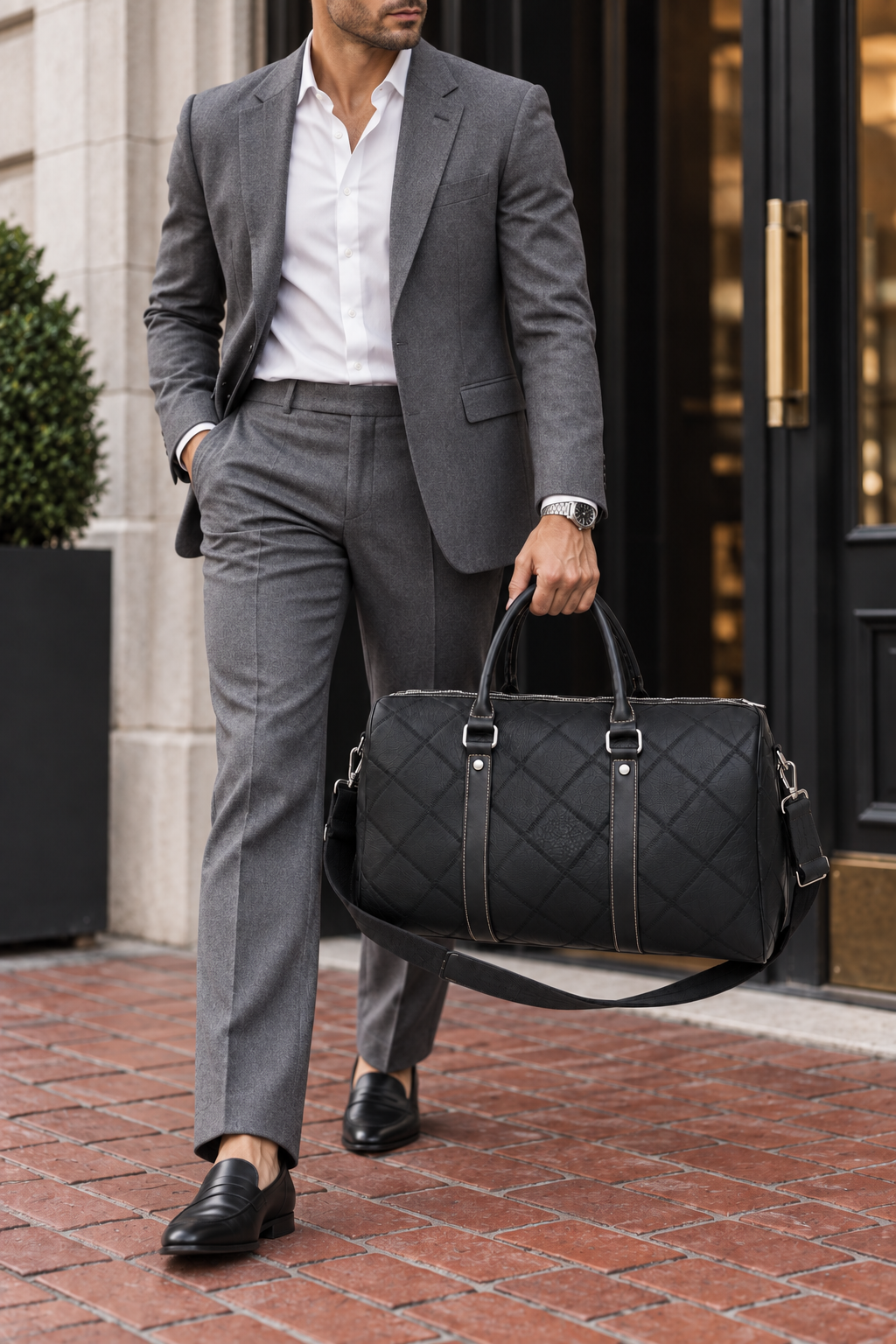 Men's Quilted Duffle Bag with Shoulder Strap - Black
