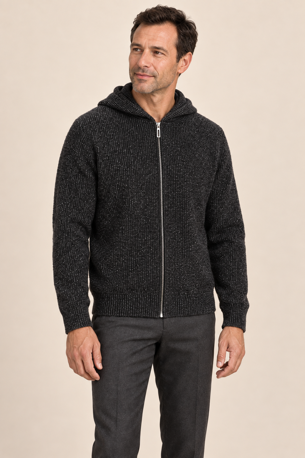 Men’s 100% Cashmere Full-Zip Knitted Hoodie