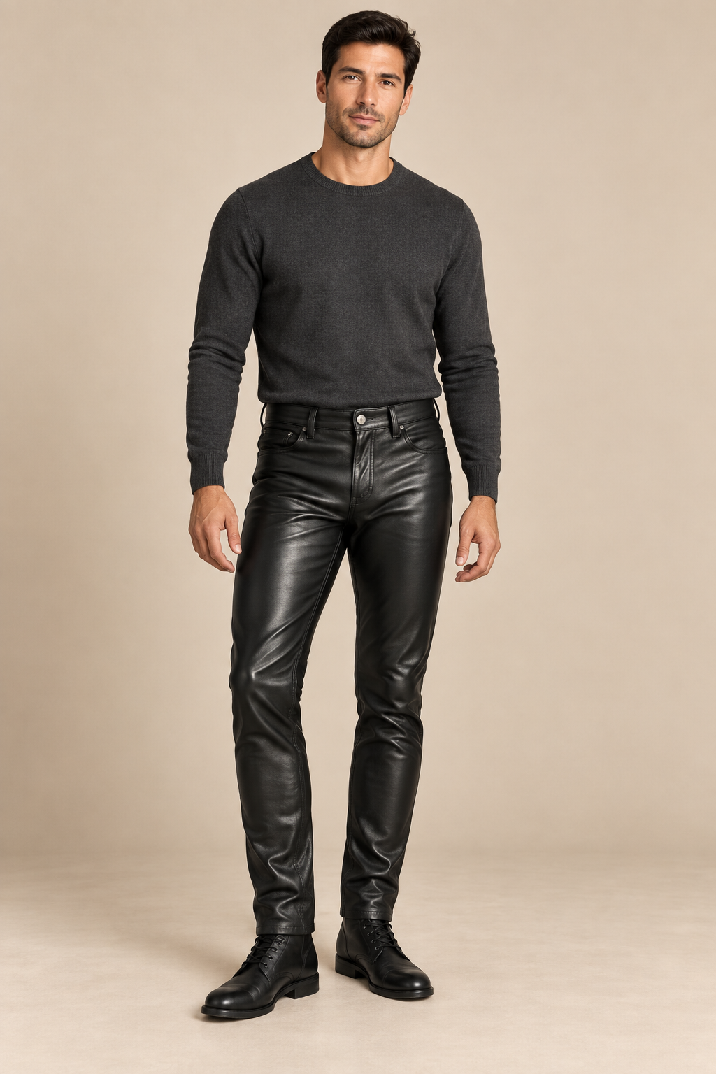 Men’s Slim-Fit Faux-Leather Trousers with Mid-Rise Waist