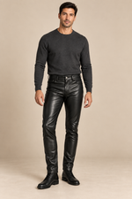 Men’s Slim-Fit Faux-Leather Trousers with Mid-Rise Waist