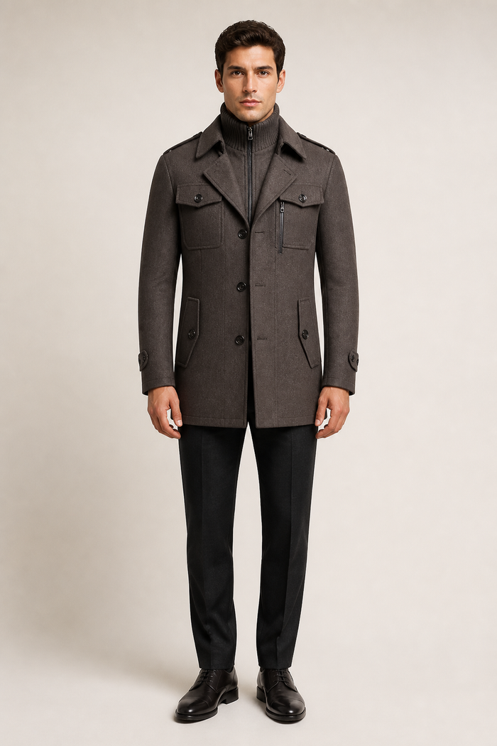 Men's Tailored Coat with Three Buttons and Inner Zip Panel