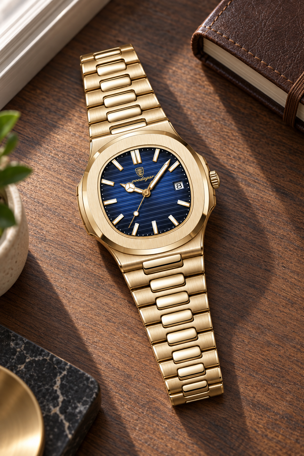 Men’s Gold-Tone Quartz Watch with Textured Dial and Integrated Bracelet