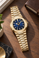 Men’s Gold-Tone Quartz Watch with Textured Dial and Integrated Bracelet