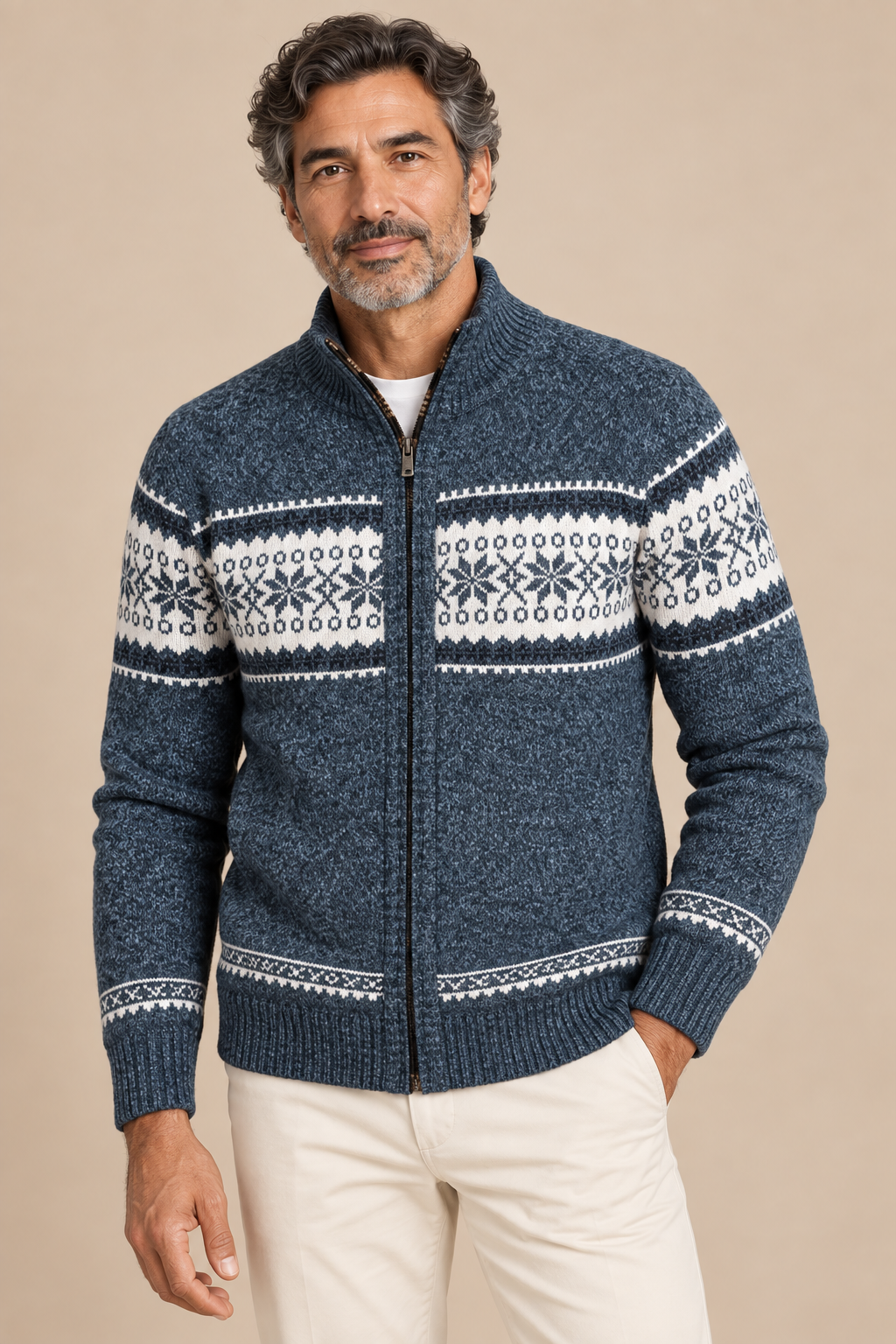 Men’s Fair Isle Knit Zip-Up Cardigan with Stand Collar
