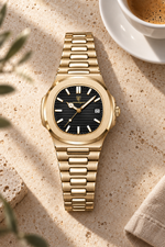 Men’s Gold-Tone Quartz Watch with Textured Dial and Integrated Bracelet