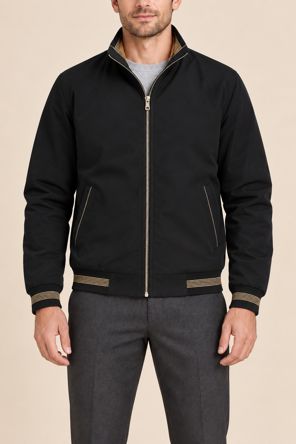 Men’s Fleece-Lined Zip-Up Bomber Jacket with Stand Collar