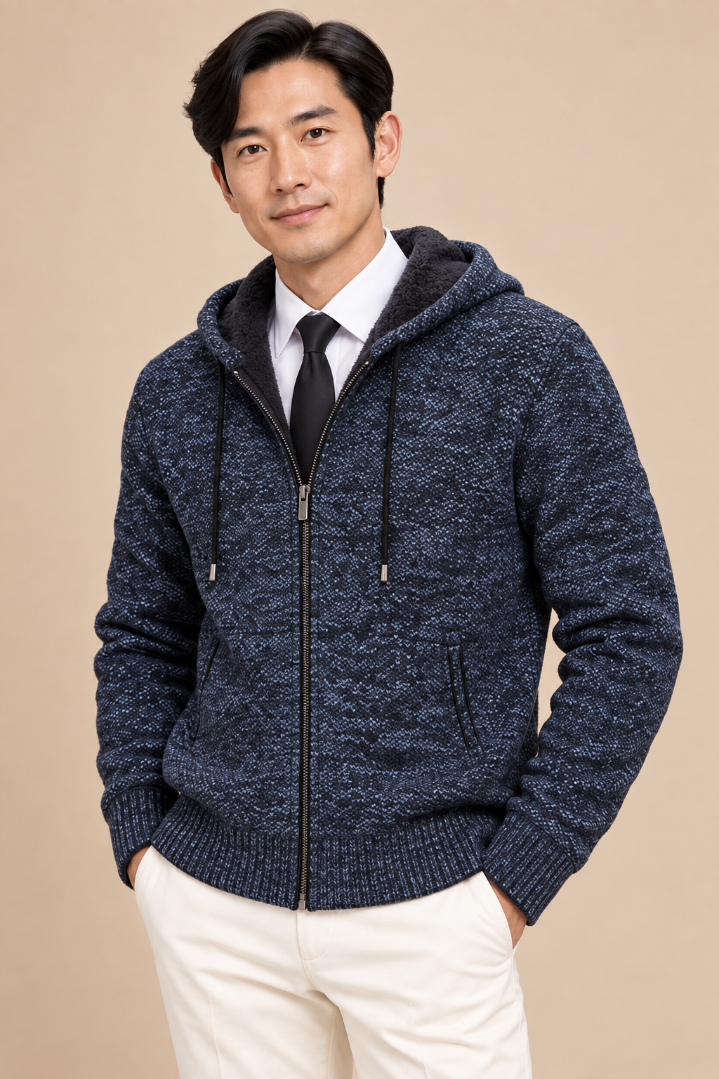 Men’s Hooded Knit Zip-Up Cardigan with Front Pockets