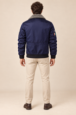 Men’s Padded Aviator Bomber Jacket with Patches and Contrast Collar