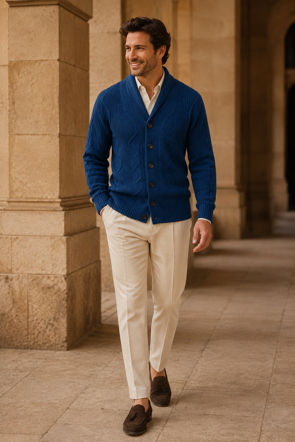 Men's Cable Knit Cardigan with Shawl Collar