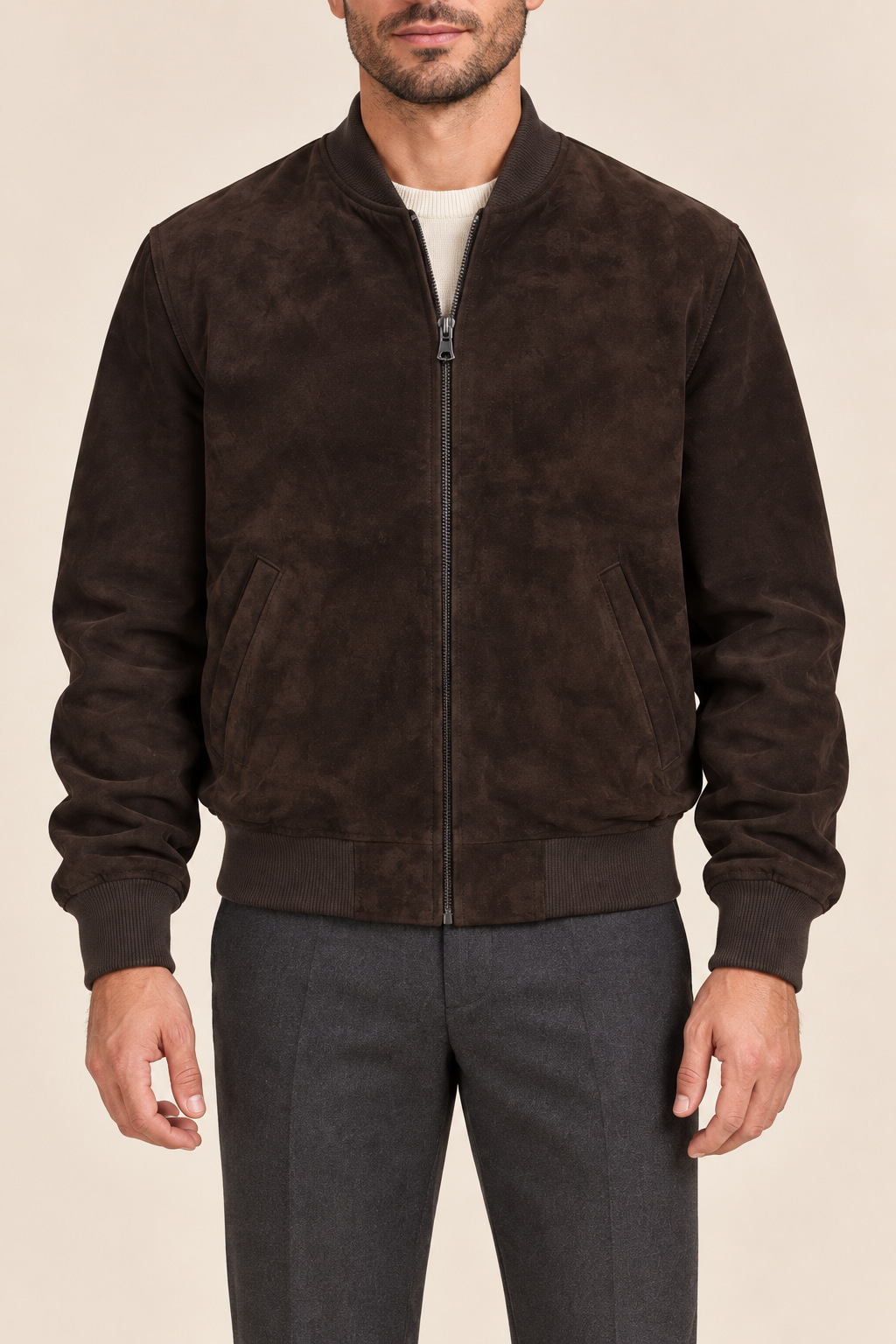 Men’s Suede-Finish Pigskin Leather Bomber Jacket with Ribbed Trims