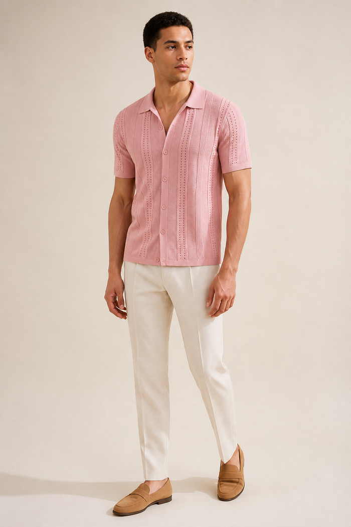 Men's Knitted Polo Shirt with Button-Through Front